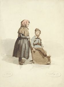 Girl pushes a boy into a sled, 1836-1915. Creator: Johannes Eugel Masurel