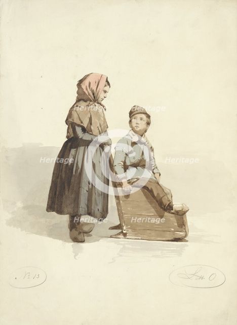 Girl pushes a boy into a sled, 1836-1915. Creator: Johannes Eugel Masurel.