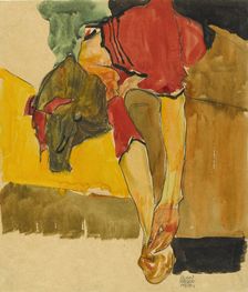 Girl Putting on Shoe , 1910. Creator: Schiele, Egon (1890-1918)