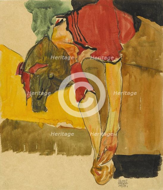 Girl Putting on Shoe , 1910. Creator: Schiele, Egon (1890-1918).