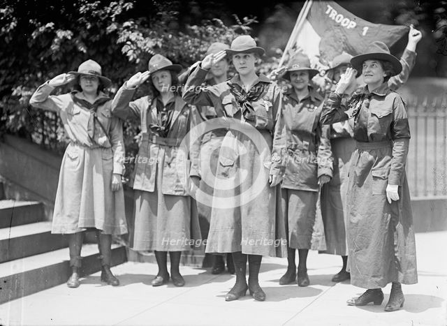 Girl Scouts - Troop #1. Mrs. Juliette Low, Founder, Right; Elenore Putsske, Center; Evaline..., 1917 Creator: Harris & Ewing.