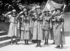 Girl Scouts - Troop #1. Mrs. Juliette Low, Founder, Right; Elenore Putsske, Center; Evaline..., 1917 Creator: Harris & Ewing