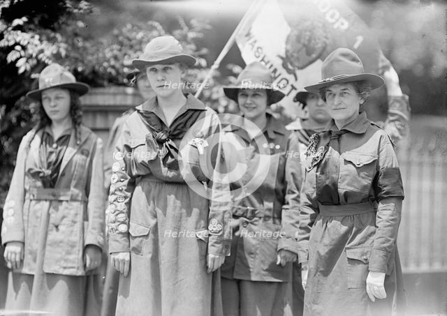Girl Scouts - Troop #1. Mrs. Juliette Low, Founder, Right; Elenore Putsske, Center; Evaline..., 1917 Creator: Harris & Ewing.