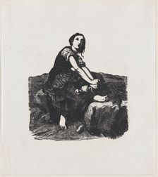 Girl seated on a rock holding a distaff, ca. 1800-1899. Creator: Anon