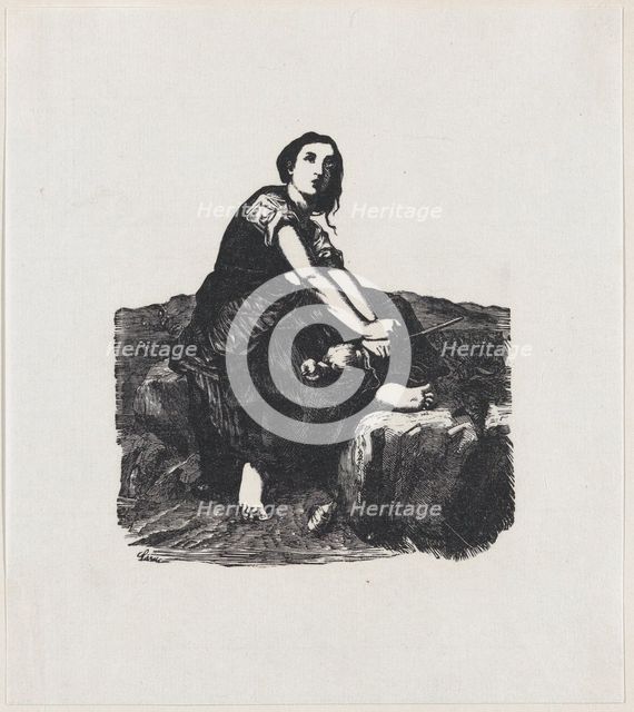Girl seated on a rock holding a distaff, ca. 1800-1899. Creator: Anon.