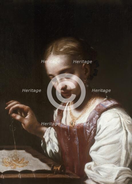 Girl Sewing, 1720. Creator: Antonio Amarosi.