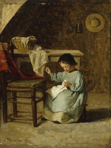 Girl Sewing, 1869. Creator: Adolf von Becker