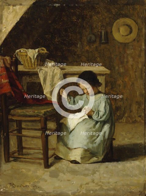 Girl Sewing, 1869. Creator: Adolf von Becker.
