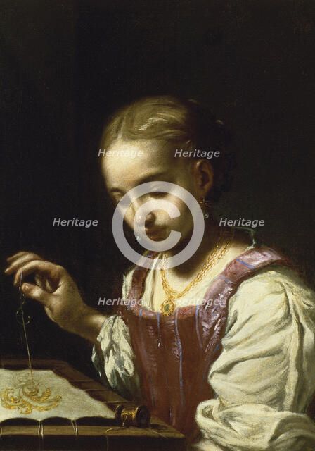 Girl Sewing. Artist: Amorosi, Antonio (1660-1738)