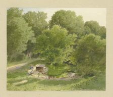 Girl sitting at the opening of a brick-lined canal below a path, 1863. Creator: Carl Theodor Reiffenstein