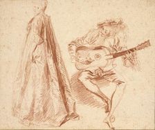 Girl standing in profile to left, with a Man, playing q Guitar, early 18th century. Artist: Jean-Antoine Watteau