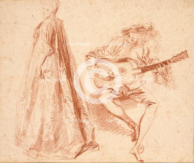 Girl standing in profile to left, with a Man, playing q Guitar, early 18th century. Artist: Jean-Antoine Watteau.