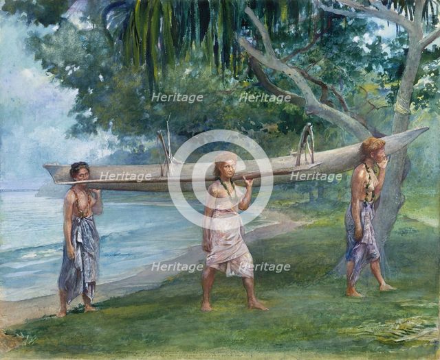 Girls Carrying a Canoe, Vaiala in Samoa, 1891. Creator: John La Farge.