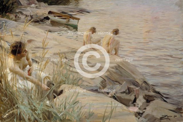 Girls Bathing in the Open Air (Out of Doors); Bathing Girls, Outside; Outdoors, 1890. Creator: Anders Leonard Zorn.