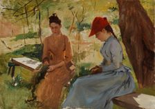 Girls Binding Garlands (The Artist's Sisters Annie and Berta Binding Garlands), study, c1886. Creator: Albert Edelfelt