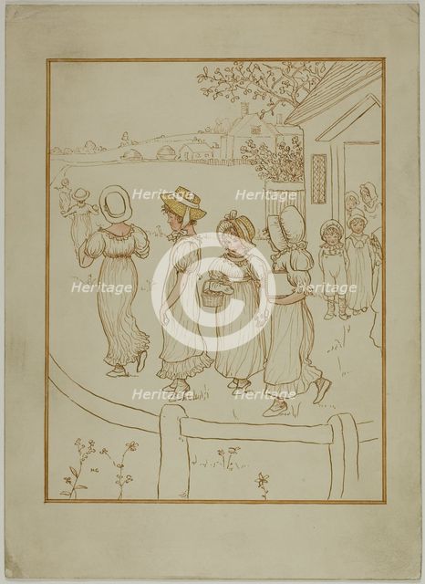 Girls Going Down a Lane, 1866-1901. Creator: Catherine Greenaway.