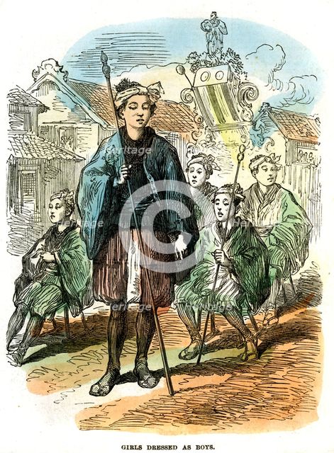 Girls dressed as boys, New Year's festival procession at Yokohama, Japan, 1872. Artist: Unknown