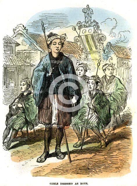 Girls dressed as boys, New Year's festival procession at Yokohama, Japan, 1872. Artist: Unknown
