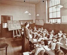 Girls Hebrew reading lesson, Jews Free School, Stepney, London, 1908