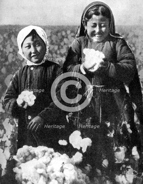 Girls in a cotton field, Kazakhstan, 1936. Artist: Unknown
