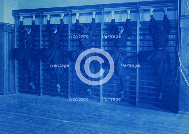 Girls in bloomers on climbing apparatus, Western High School, Washington, D.C., (1899?). Creator: Frances Benjamin Johnston.
