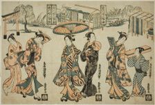 Girls of Fukagawa - A Triptych (Fukagawa musume sanpukutsui), c. 1755. Creator: Torii Kiyohiro