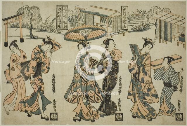 Girls of Fukagawa - A Triptych (Fukagawa musume sanpukutsui), c. 1755. Creator: Torii Kiyohiro.