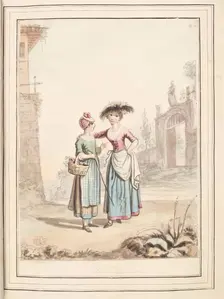 Girls of Parma and Cremona, leaf from A Collection of Dresses by David Allan Mostly from..., 1776. Creator: David Allan