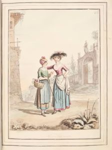 Girls of Parma and Cremona, leaf from A Collection of Dresses by David Allan Mostly from..., 1776. Creator: David Allan