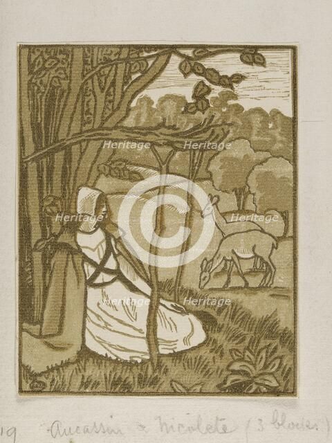 Girls seated under tree with deer,  wood engraving of Lucien Pissarro, c1880-1940. Artist: Lucien Pissarro.