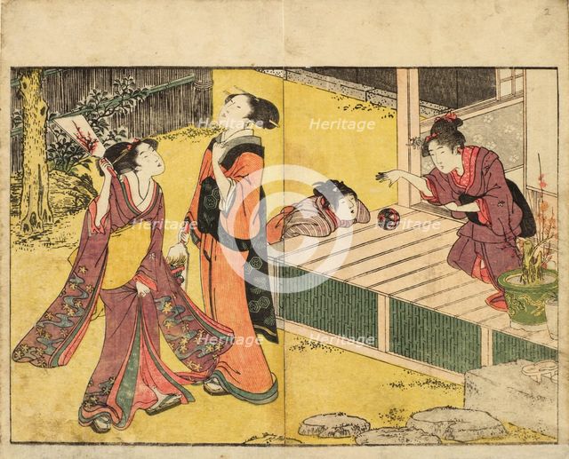 Girls Playing New Year Games. From the Picture Book of Flowers of the Four Seasons (Ehon..., 1801. Creator: Utamaro, Kitagawa (1753-1806).