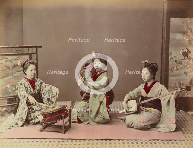 Girls Playing Samisen and Fluya, 1870s-1890s. Creator: Kusakabe Kimbei.