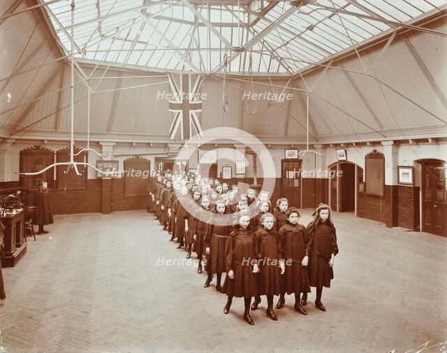 Girls returning from play, Thomas Street Girls School, Limehouse, Stepney, London, 1908. Artist: Unknown.