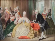 Gluck hands Queen Marie Antoinette the score of his first opera, c1770s. Creator: Unknown