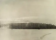 Glacier South of Cape Barne, with motor travelling on sea ice c1908, (1909)