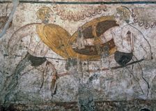 Gladiators combat. Greek painting Italic influenced, from the Lucanian tomb at Paestum