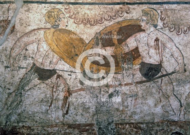 Gladiators combat. Greek painting Italic influenced, from the Lucanian tomb at Paestum.