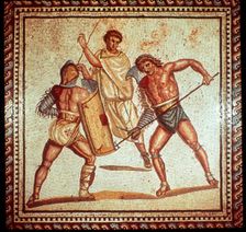 Gladiators in the arena, Roman mosaic, Saarbrucken, Germany