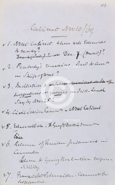 Gladstone's notes from a cabinet meeting, 1869. Creator: William Ewart Gladstone.