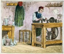 Glass cutter decorating table ware on a carborundum wheel, 1867. Creator: Unknown