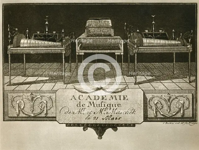 'Glass harmonicas and keyboard chimes; engraving from the first half of the nineteenth century, on a Artist: Unknown.