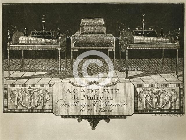 'Glass harmonicas and keyboard chimes; engraving from the first half of the nineteenth century, on a Artist: Unknown.
