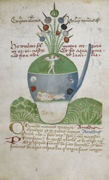 Glass vessel containing figures relating to alchemical experimentation, second half 15th century. Creator: Unknown