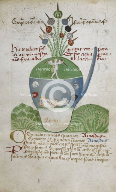 Glass vessel containing figures relating to alchemical experimentation, second half 15th century.  Creator: Unknown.