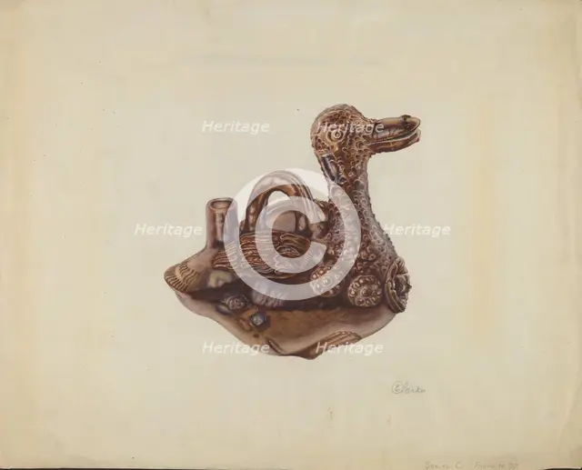Glazed Pottery Duck Bottle, probably 1938. Creator: Ethel Clarke.