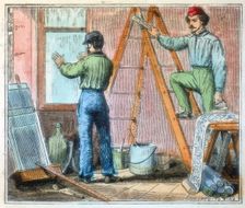 Glazier and wallpaper hanger working in a house, 1867. Creator: Unknown
