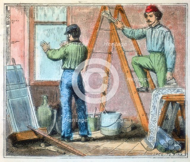 Glazier and wallpaper hanger working in a house, 1867. Creator: Unknown.