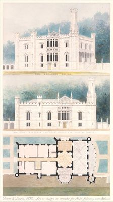 Glen Ellen for Robert Gilmor, Towson, Maryland (perspective, elevation, and plan), 1832. Creator: Alexander Jackson Davis