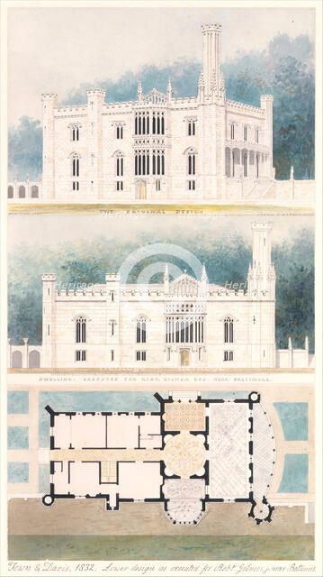 Glen Ellen for Robert Gilmor, Towson, Maryland (perspective, elevation, and plan), 1832. Creator: Alexander Jackson Davis.