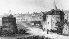 Globe Theatre, Bankside, Southwark (right) and the Bear Garden, c1597 (1825)